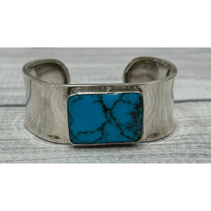 925 Sterling Silver Taxco Wide Cuff Bracelet Turquoise Rectangular Stone Vintage